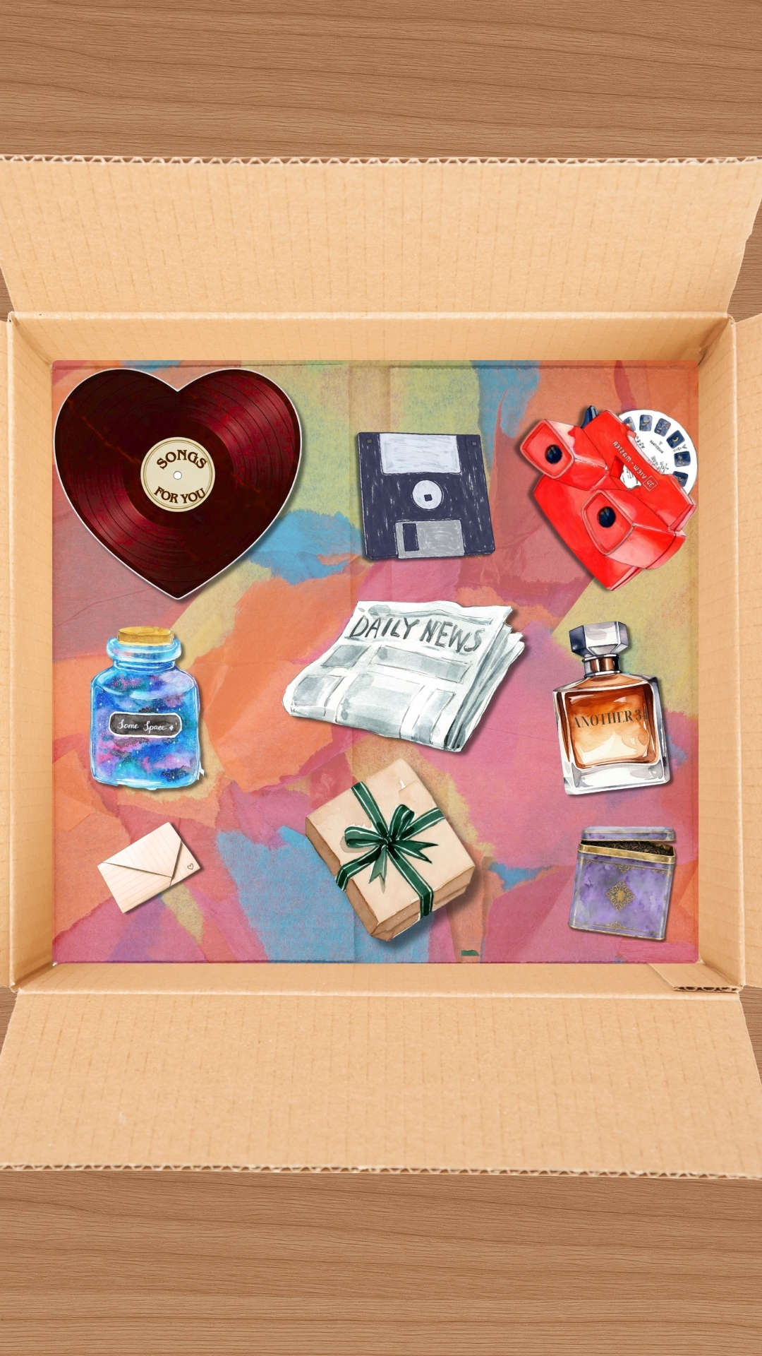 An open birthday care package filled with clickable gifts